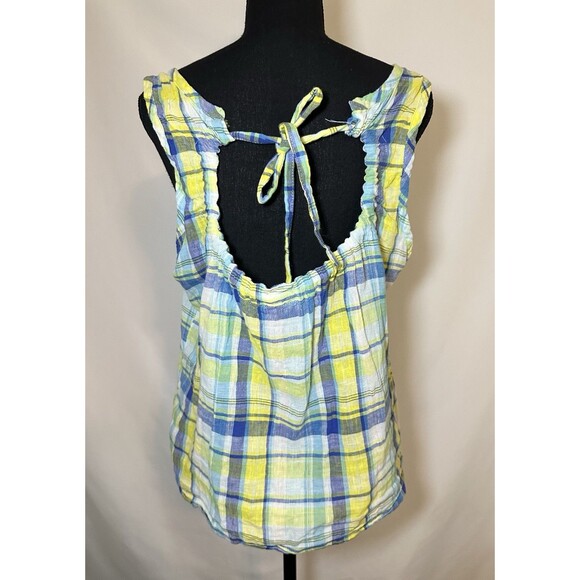 *Rare* Old Navy Linen Blend Cottagecore Yellow Plaid Tank Tie Back Women's LARGE - Picture 3 of 10